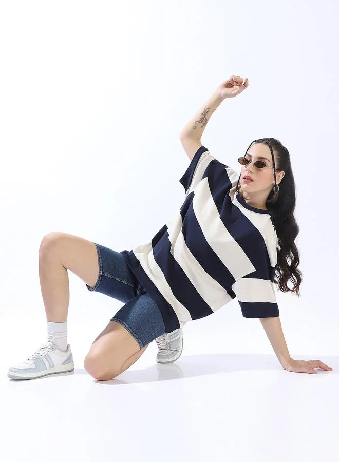 HIGH STAR Women's Multicolour Single Jersey Fabric Striped Oversized T-Shirt