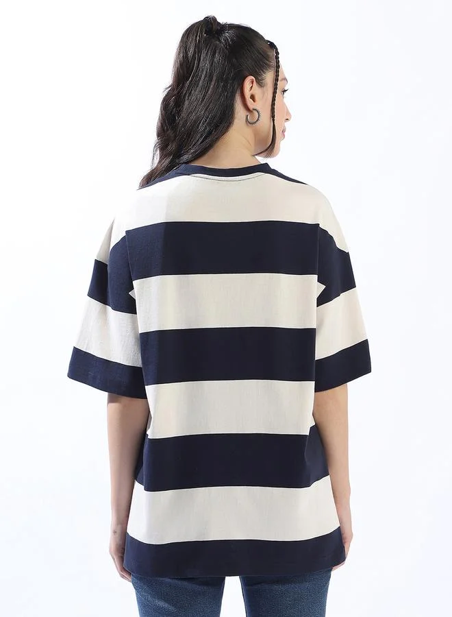 HIGH STAR Women's Multicolour Single Jersey Fabric Striped Oversized T-Shirt