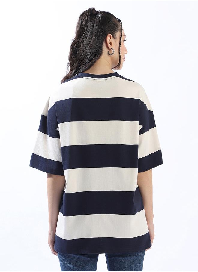 HIGH STAR Women's Multicolour Single Jersey Fabric Striped Oversized T-Shirt  - Image 5