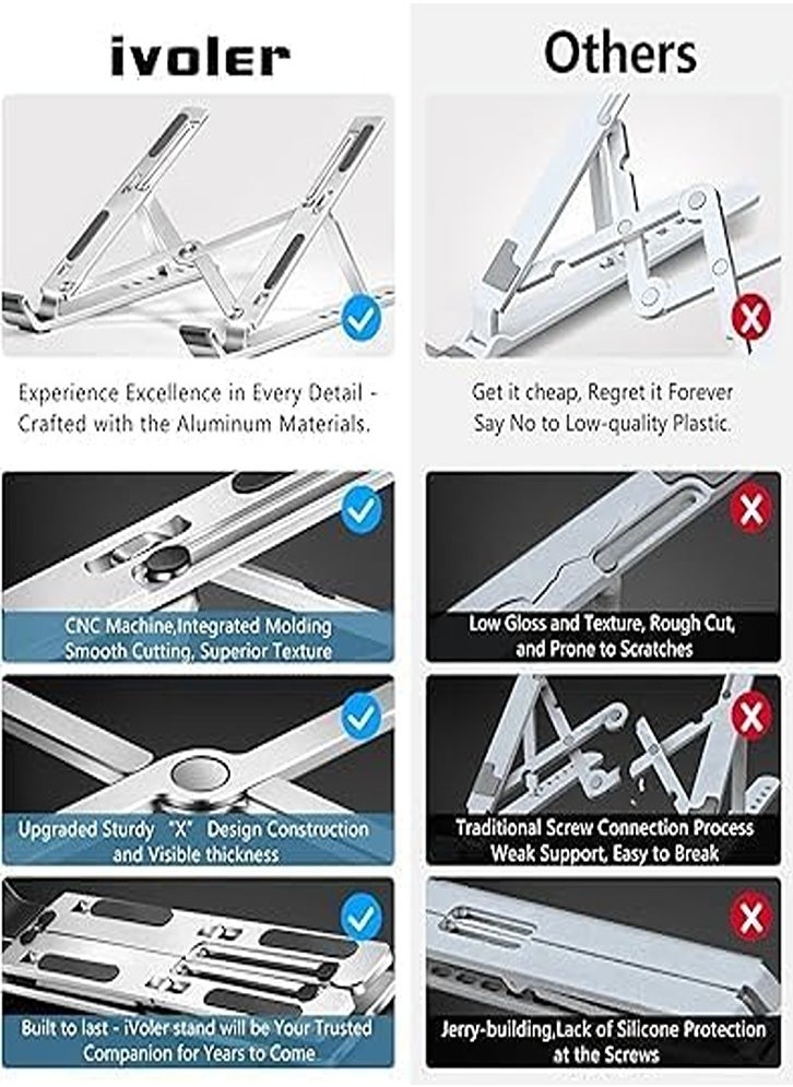 Laptop Stand, Computer Tablet Riser Stand, 6 Angles Adjustable Aluminum Ergonomic Foldable Laptop Stand Compatible with MacBook, iPad, HP, Dell, Lenovo 10-15.6 Inch, Silver