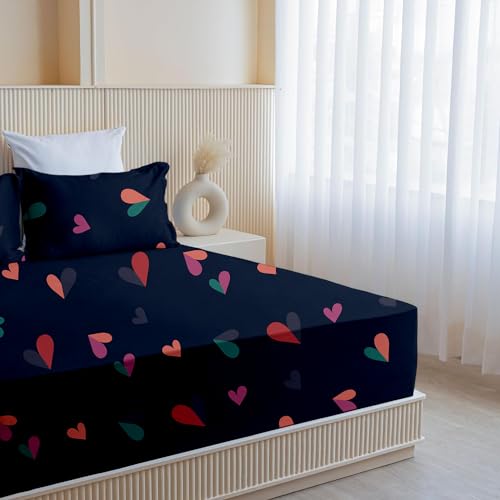 SLEEPINO - All Around Cotton Fitted Bedsheet King Size 72x78 Inches | 100% Cotton King Size Elastic Bedsheet with 2 Pillow Covers |Navy Blue Heart - Image 2