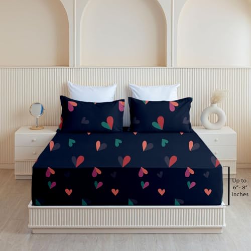 SLEEPINO - All Around Cotton Fitted Bedsheet King Size 72x78 Inches | 100% Cotton King Size Elastic Bedsheet with 2 Pillow Covers |Navy Blue Heart - Image 1