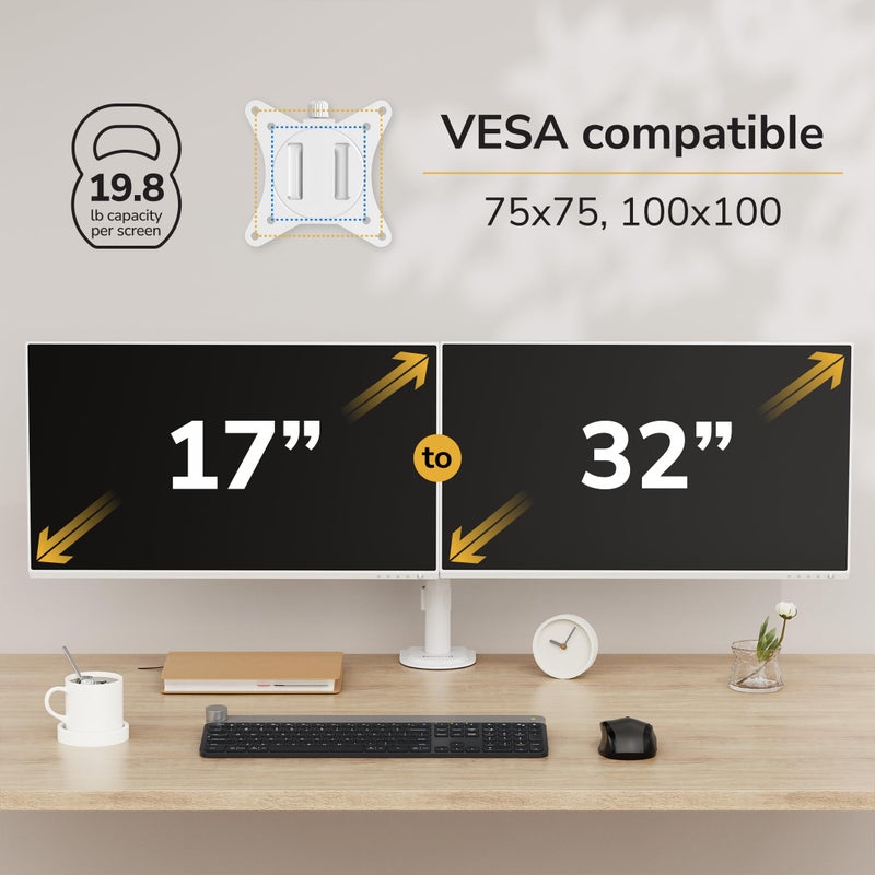 Mount-It! Dual Monitor Mount for Desk, Adjustable Tilt Swivel on Double Monitor Mounts for Screens up to 32â€, Dual Monitor Arms for 2 Monitors, VESA 75x75 and 100x100 C-clamp & Grommet in White - Image 4