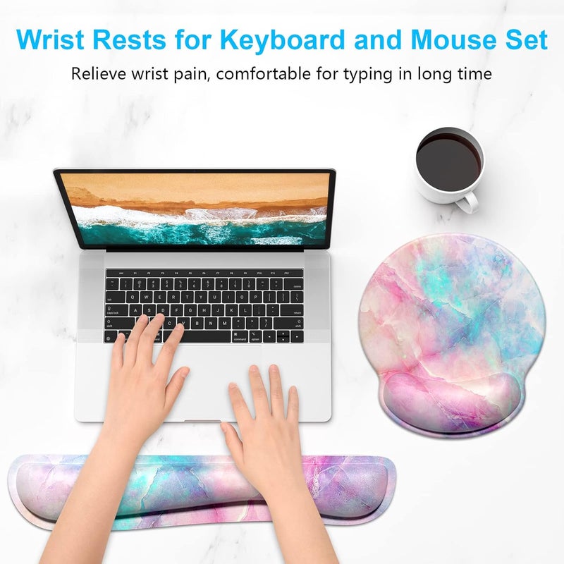 Dapesuom Keyboard Wrist Rest and Mouse Pad with Wrist Support, Cute Memory Foam Cushion for Keyboard and Mouse Set, Desktop Pad Rests with Non Slip Base for Easy Typing & Pain Relief, Colorful Marble - Image 2
