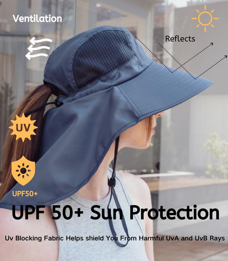 Moon Kitty UV Sun Protection Hat Women Foldable Neck Flap Wide Brim Hiking Hat with Ponytail Hole for Women Dark-Gray - Image 3