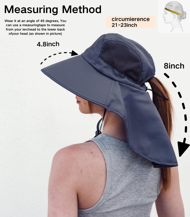 Moon Kitty UV Sun Protection Hat Women Foldable Neck Flap Wide Brim Hiking Hat with Ponytail Hole for Women Dark-Gray - Image 2