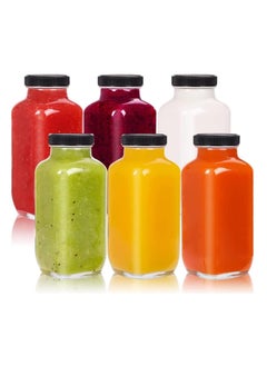 FUFU 6 Pack Glass Juice Bottles with Lids Reusable Glass Square Beverages Drinking Jars with Tamper-proof Black Caps for Travel Milk Water Tea Honey  - Image 1