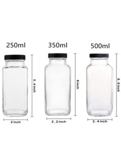 FUFU 6 Pack Glass Juice Bottles with Lids Reusable Glass Square Beverages Drinking Jars with Tamper-proof Black Caps for Travel Milk Water Tea Honey  - Image 2