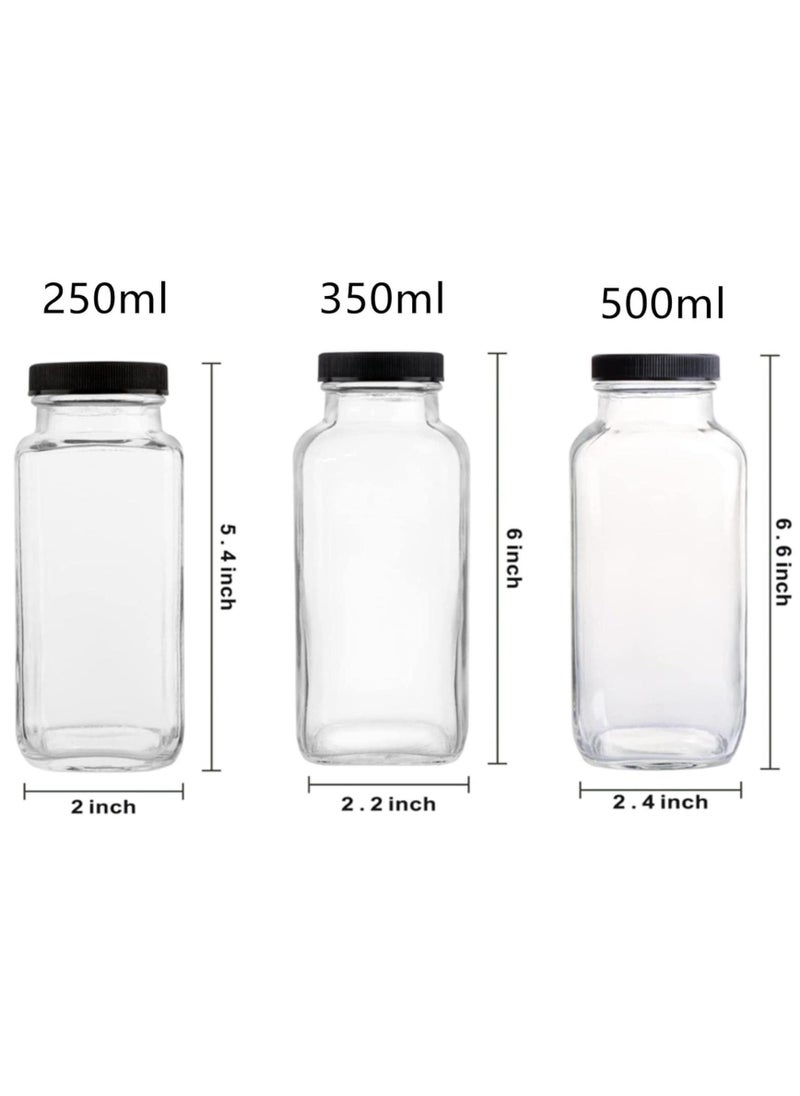 FUFU 6 Pack Glass Juice Bottles with Lids Reusable Glass Square Beverages Drinking Jars with Tamper-proof Black Caps for Travel Milk Water Tea Honey  - Image 2