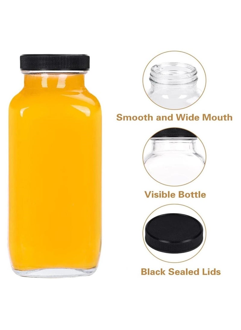 FUFU 6 Pack Glass Juice Bottles with Lids Reusable Glass Square Beverages Drinking Jars with Tamper-proof Black Caps for Travel Milk Water Tea Honey  - Image 4