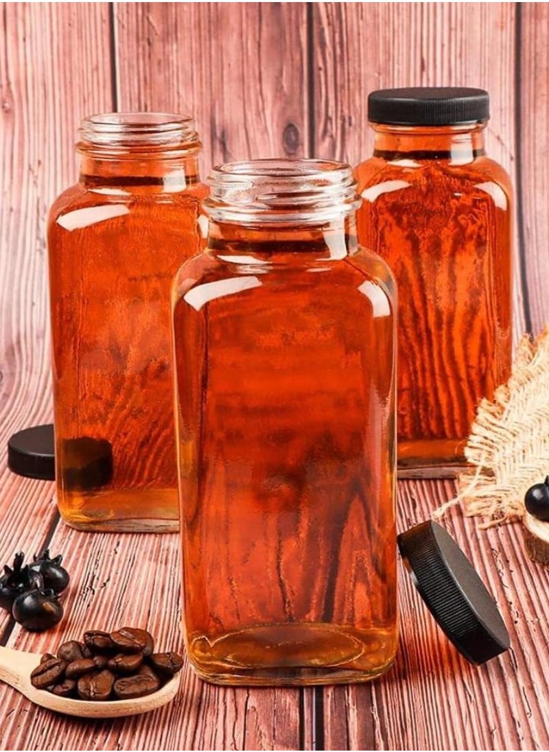 FUFU 6 Pack Glass Juice Bottles with Lids Reusable Glass Square Beverages Drinking Jars with Tamper-proof Black Caps for Travel Milk Water Tea Honey  - Image 5
