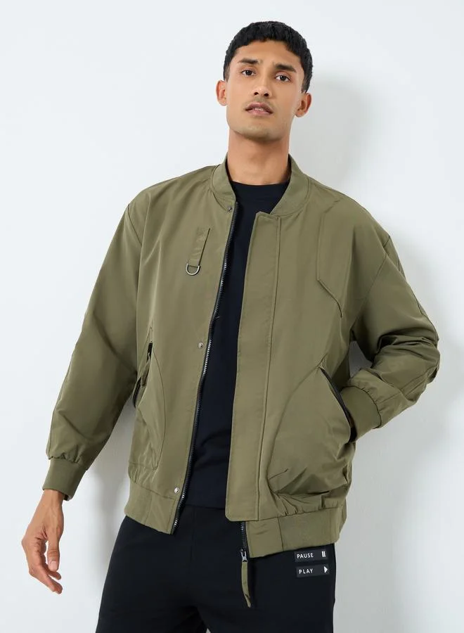 Styli Styli Men Olive Solid Bomber Jacket