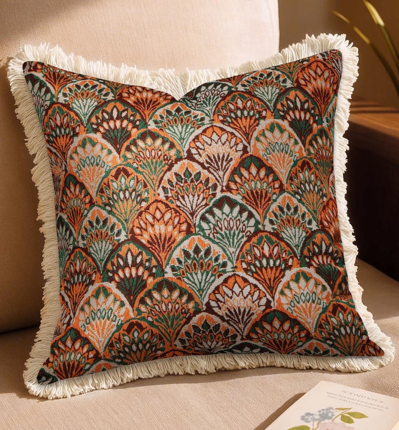 Kokaaee Decorative Throw Pillow Cover 18x18 Vintage Pillowcovers with Fringe Sector Cute Embroidered Pillow Case with Zipper for Living Room Couch Sofa Bed Rustic Boho Design Abstract - Image 2