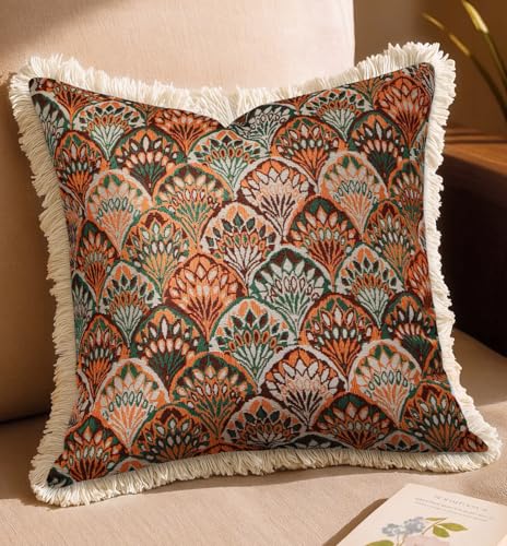 Kokaaee Decorative Throw Pillow Cover 18x18 Vintage Pillowcovers with Fringe Sector Cute Embroidered Pillow Case with Zipper for Living Room Couch Sofa Bed Rustic Boho Design Abstract - Image 1