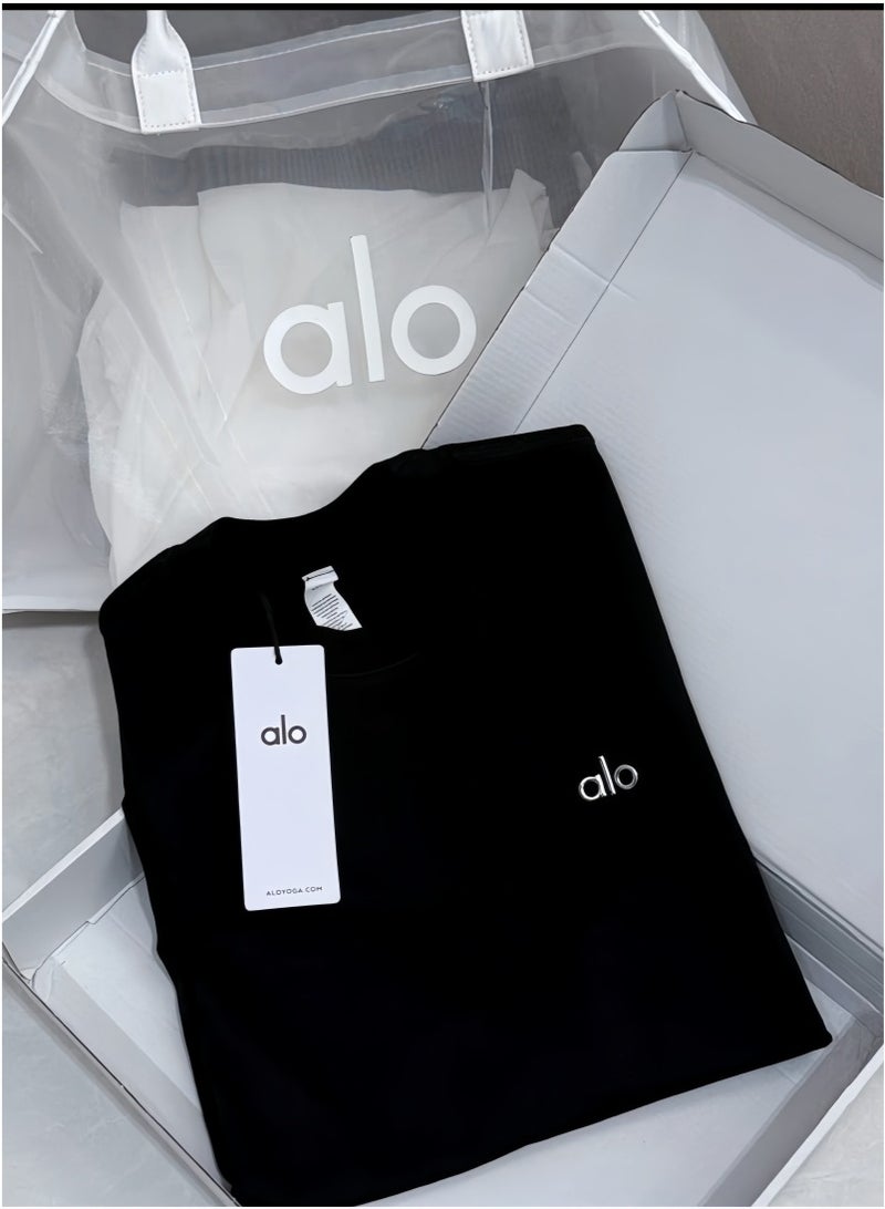 ALO Loose T-shirt-Round Neck Short Sleeve-Summer Short Sleeve (Black) - Image 1