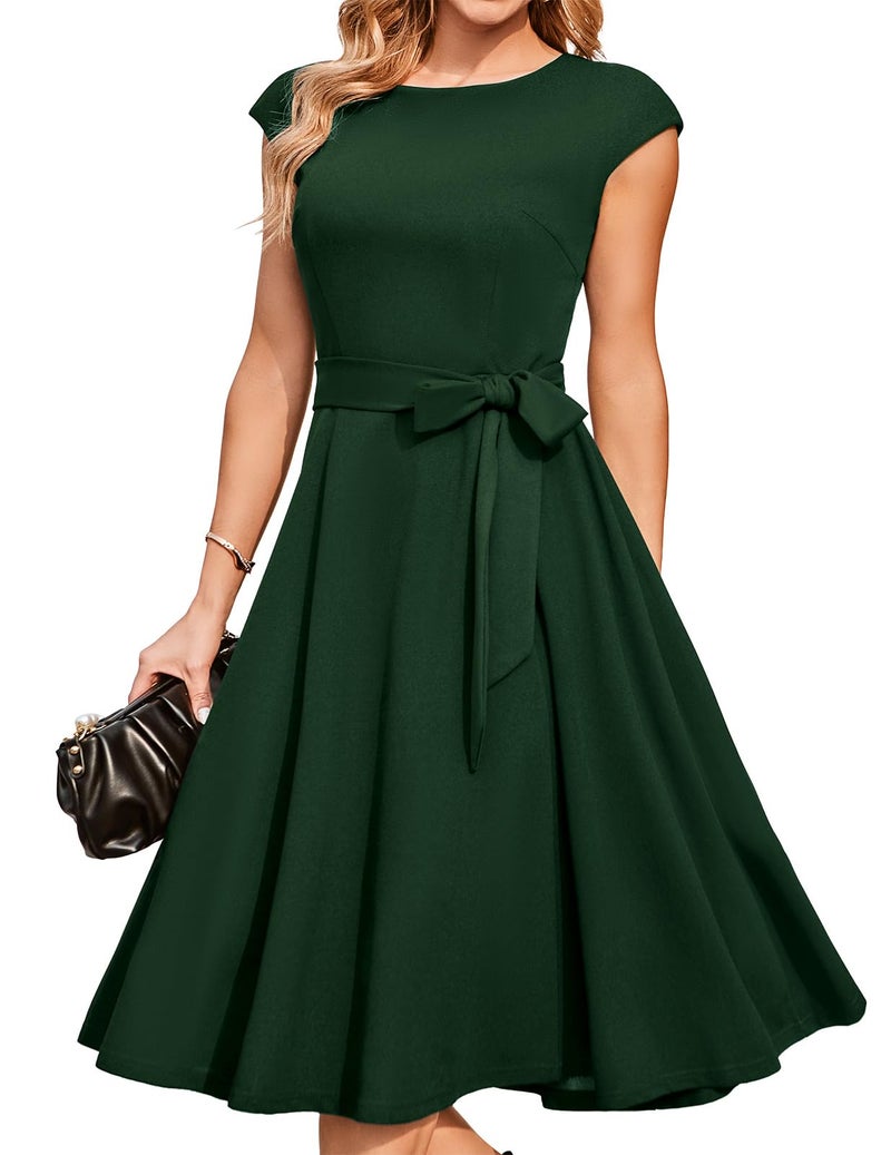 DRESSTELLS Green Christmas Holiday Party Dress, Women's Cocktail Dresses for Formal Wedding Guest Mother Bride Tea Length Dress DarkGreen L - Image 1