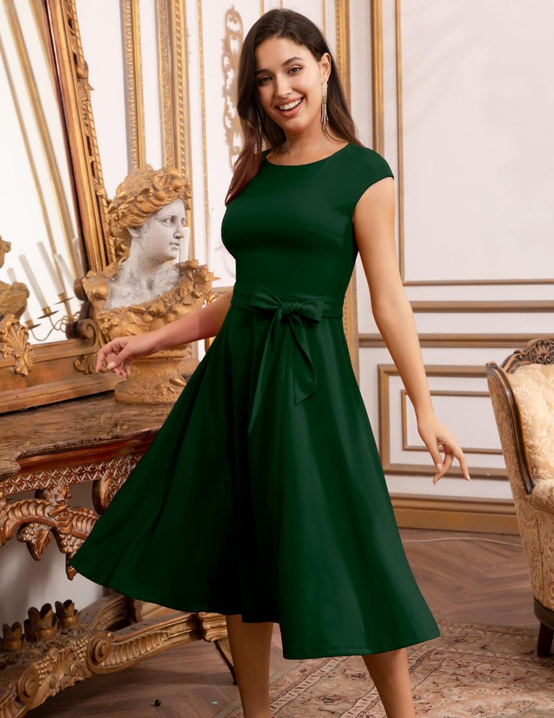 DRESSTELLS Green Christmas Holiday Party Dress, Women's Cocktail Dresses for Formal Wedding Guest Mother Bride Tea Length Dress DarkGreen L - Image 2