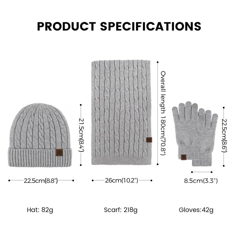 MA COWCF Womens Winter Beanie Hat Scarf Gloves Set Knit Touch Screen Gloves Long Scarf Skull Caps Fleece Lined Winter Gift for Women Men(Light Gray) - Image 5