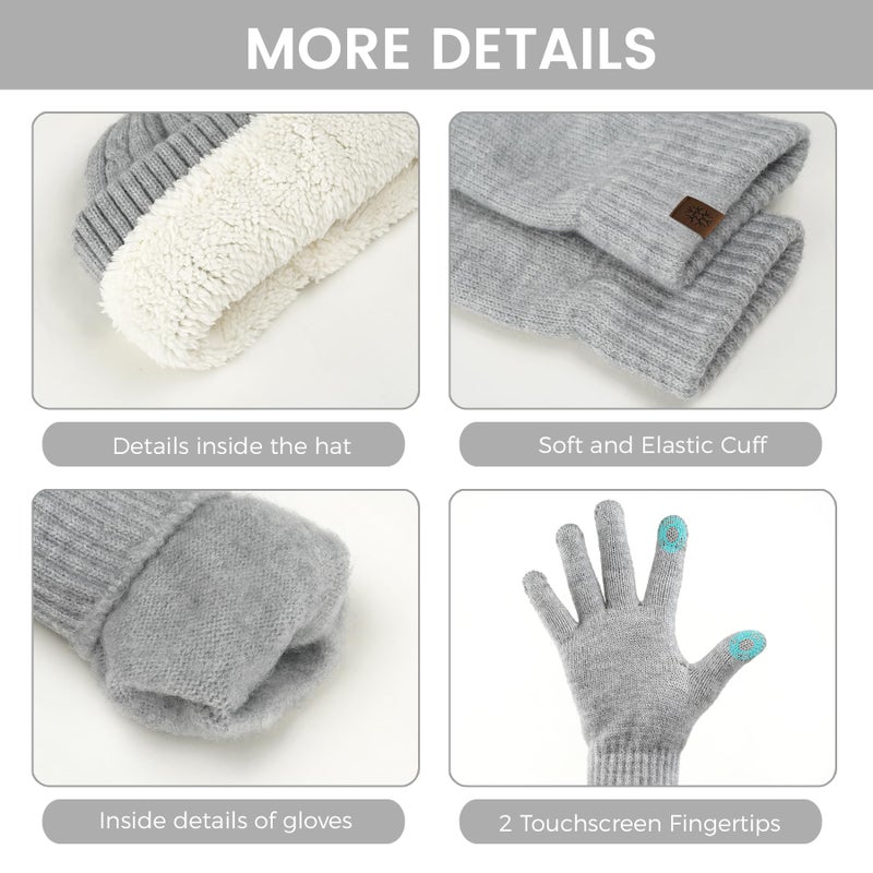 MA COWCF Womens Winter Beanie Hat Scarf Gloves Set Knit Touch Screen Gloves Long Scarf Skull Caps Fleece Lined Winter Gift for Women Men(Light Gray) - Image 4