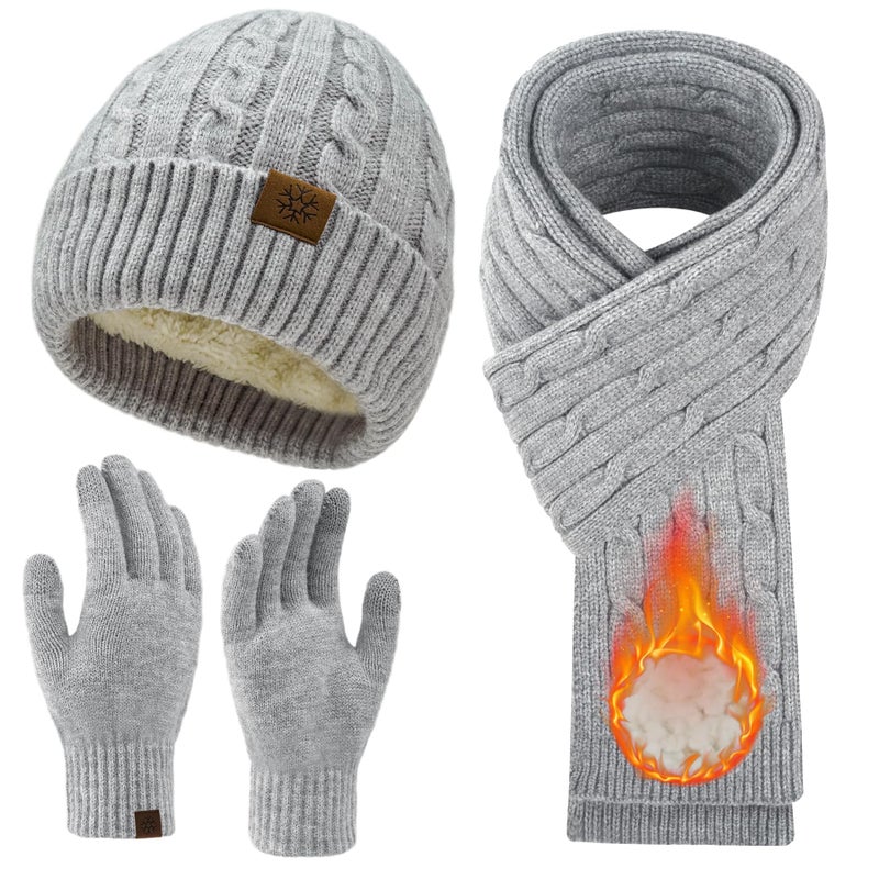 MA COWCF Womens Winter Beanie Hat Scarf Gloves Set Knit Touch Screen Gloves Long Scarf Skull Caps Fleece Lined Winter Gift for Women Men(Light Gray) - Image 1