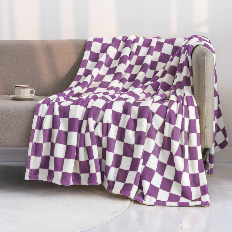 LOMAO Throw Blankets Flannel Blanket with Checkerboard Grid Pattern Soft Throw Blanket for Couch Bed Sofa Luxurious Warm and Cozy for All Seasons Purple 60x80