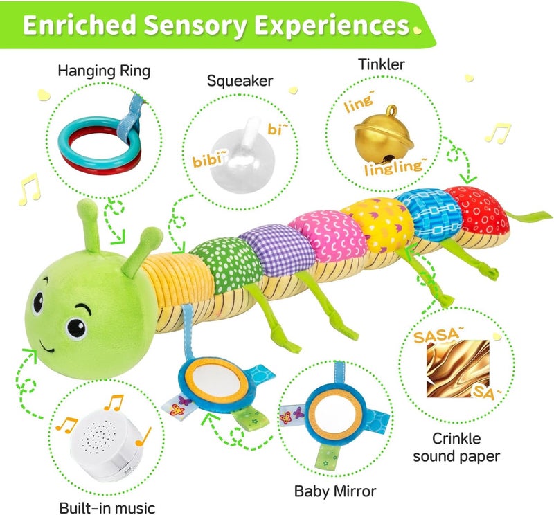 Accevo Baby Sensory Toy 0-6 Months Music Animal Plush Caterpillar Toy for Toddler 0-3-6 Months Tummy Time with Baby Mirror Crinkle Rattle 6-12 Months Newborn Boy Girl Easter Gifts - Image 2