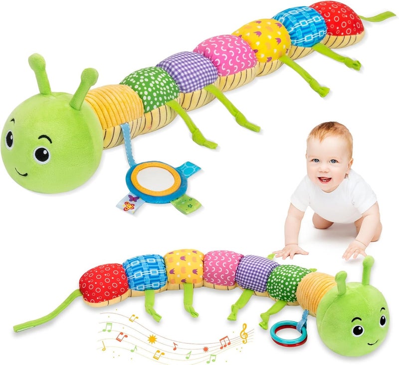 Accevo Baby Sensory Toy 0-6 Months Music Animal Plush Caterpillar Toy for Toddler 0-3-6 Months Tummy Time with Baby Mirror Crinkle Rattle 6-12 Months Newborn Boy Girl Easter Gifts - Image 1