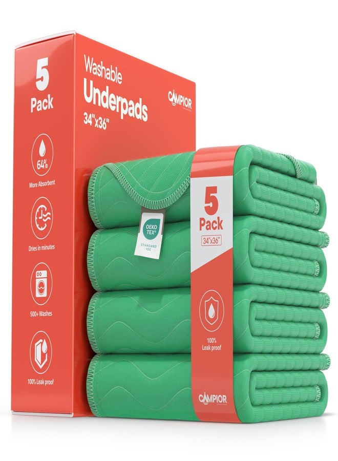 Washable Underpads Large 34"x36" (Pack of 5) – Reusable Waterproof Bed Pads for Adults & Seniors, Extra Heavy Absorbency Incontinence & Bedwetting Pads, Soft Non-Slip TPU Backing, Green.