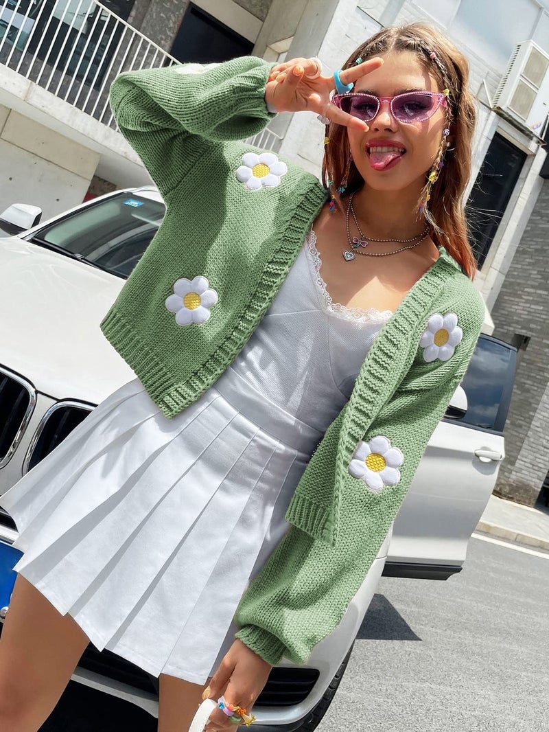 wihnsinop Womens Y2K Cardigan Sweaters Long Sleeve Open Front Cropped Flower Knit Cardigan Aesthetic 90s Shrug Back to College Outfits Mint Green - Image 3