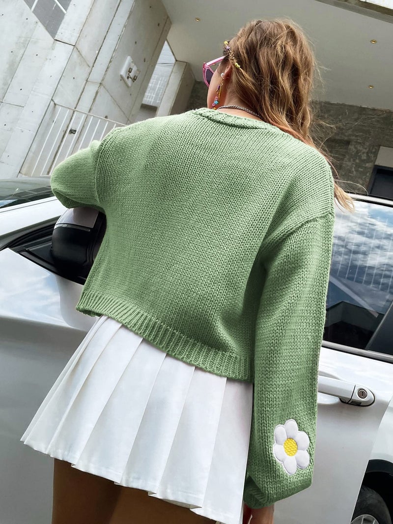 wihnsinop Womens Y2K Cardigan Sweaters Long Sleeve Open Front Cropped Flower Knit Cardigan Aesthetic 90s Shrug Back to College Outfits Mint Green - Image 5