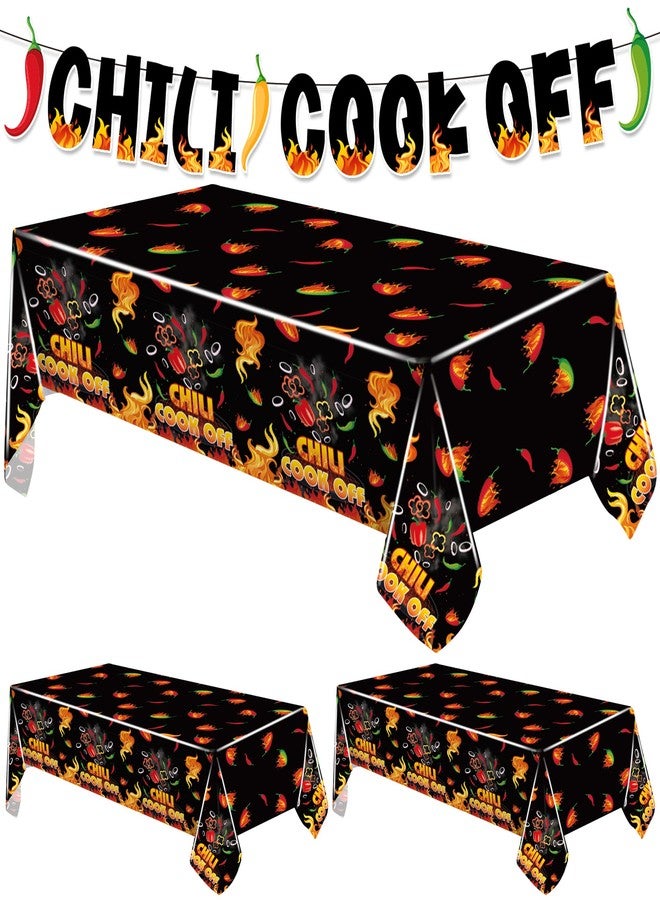 Iceyyyy 4 Pcs Black Chili Cook Off Table Decorations Set-108" x 54" Chilis Peppers Flame Table Covers 33 Ft Cooking Chili Contest Banner-Disposable Chilis Peppers Party Decorations for Party Supplies - Image 1