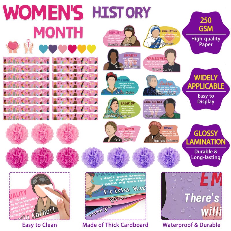 MUOUAKATE Womens History Month Bulletin Board Decorations, 46 Pcs International Women's Day Decorations Set with Motivational Women Posters Cutouts Quotes, Paper Blooms for Classroom Door, Wall, Hallway Decor - Image 3