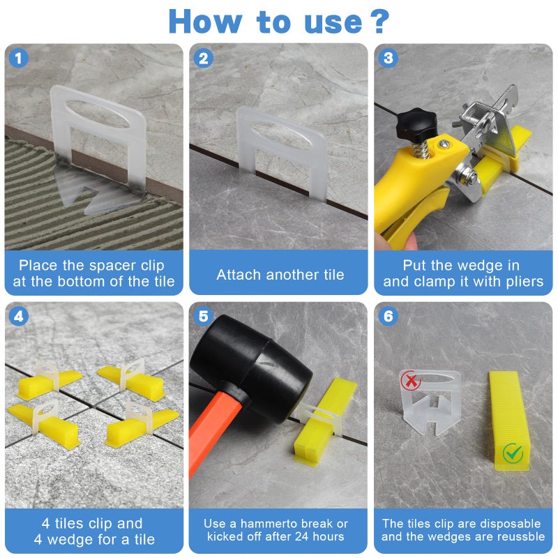 DGSL Tile Leveling System with Rubber Mallet and Tile Plier - 1000-Piece Tile Spacers 1/8 Inch Tile Clips and 200-Piece Reusable Wedges Tile Leveling Tools for Tiles and Stone Installation - Image 5