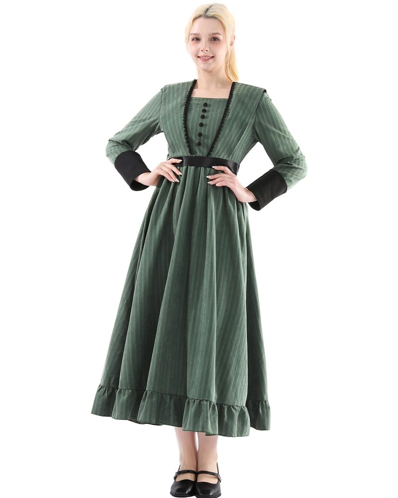 FCCAM FCCAM FCCAM Green Victorian Dress for Women Long Sleeve 1800s Edwardian Dress Ruffle Maxi Medieval Renaissance Costume M - Image 2