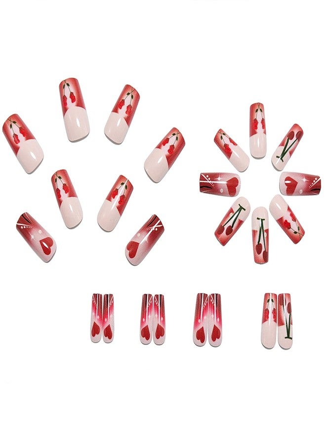FDSQHSA 24pcs Valentines Press on Nails Long Square French Tip Fake Nails with Red Rose Cherry Heart Romantic Valentine False Nails Reusable Full Cover Glue on Nails for Women Nail Design Decoration - Image 2