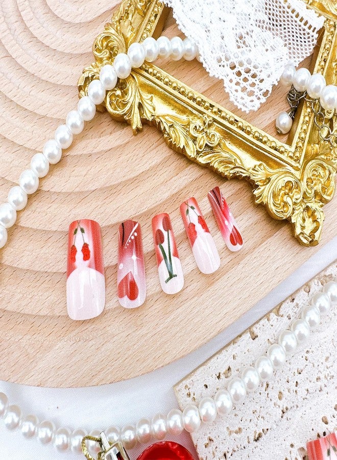 FDSQHSA 24pcs Valentines Press on Nails Long Square French Tip Fake Nails with Red Rose Cherry Heart Romantic Valentine False Nails Reusable Full Cover Glue on Nails for Women Nail Design Decoration - Image 4