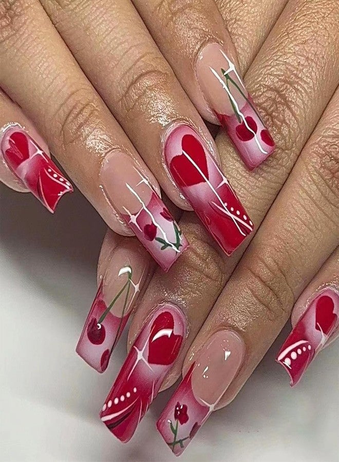 FDSQHSA 24pcs Valentines Press on Nails Long Square French Tip Fake Nails with Red Rose Cherry Heart Romantic Valentine False Nails Reusable Full Cover Glue on Nails for Women Nail Design Decoration - Image 1