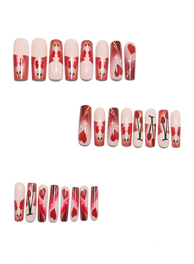 FDSQHSA 24pcs Valentines Press on Nails Long Square French Tip Fake Nails with Red Rose Cherry Heart Romantic Valentine False Nails Reusable Full Cover Glue on Nails for Women Nail Design Decoration - Image 5