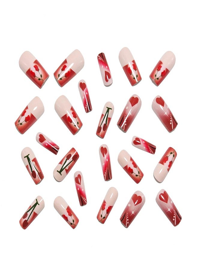 FDSQHSA 24pcs Valentines Press on Nails Long Square French Tip Fake Nails with Red Rose Cherry Heart Romantic Valentine False Nails Reusable Full Cover Glue on Nails for Women Nail Design Decoration - Image 3
