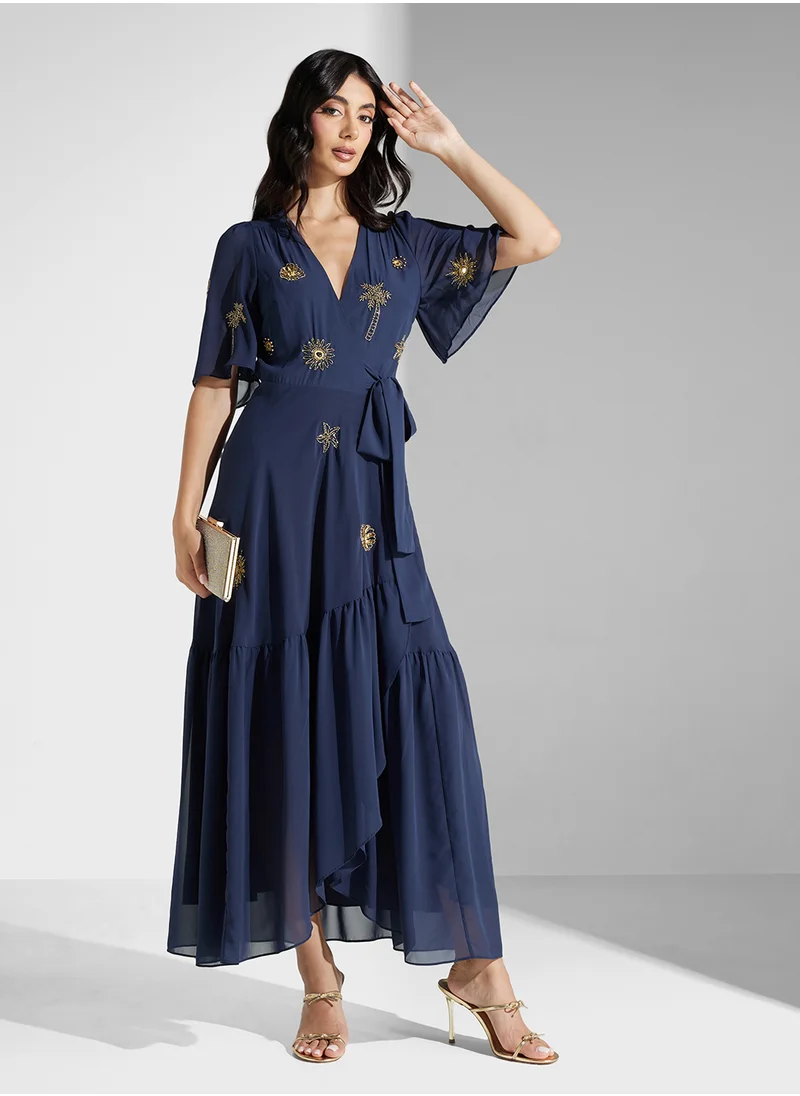 Hope & Ivy Embellished Maxi Wrap Dress With Flutter Sleeve