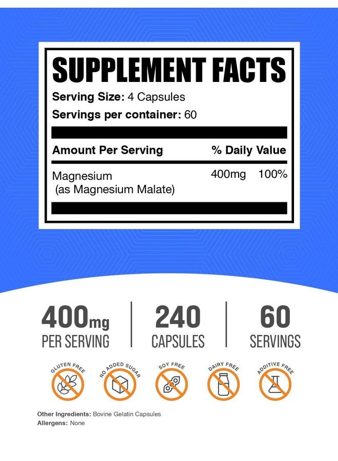 BulkSupplements.com Magnesium Malate Capsules - Magnesium Supplement, Magnesium Malate 400mg - Essential & Gluten Free, 4 Capsules per Serving, 240 Count (Pack of 1) - Image 2