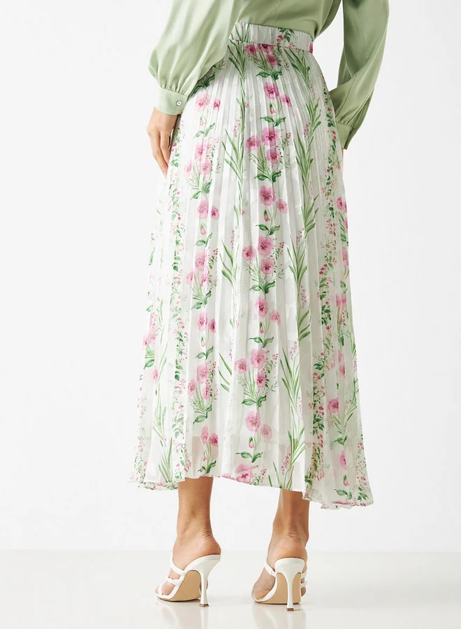 Iconic Iconic All-Over Floral Print Pleated A-line Skirt with Elasticated Waistband