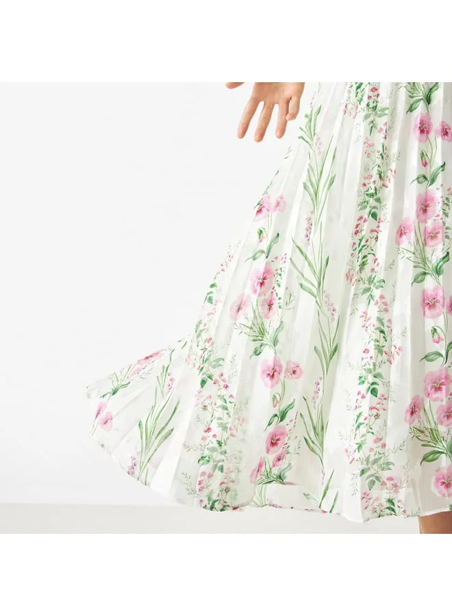 Iconic Iconic All-Over Floral Print Pleated A-line Skirt with Elasticated Waistband