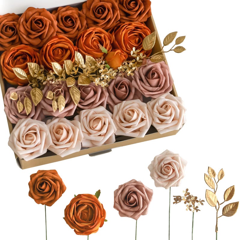 Lookein Artificial Flowers Box Set 5 Style Flowers for DIY Wedding Decoration Bouquet Table Centerpieces Aisle Arch Flower Decoration Bridal Shower Party Home Decor Gorgeous Burnt Orange