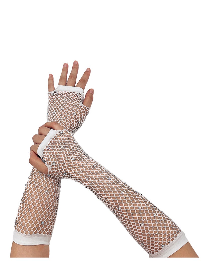 Women Girls Rhinestone Fingerless Fishnet Gloves,Fish Net Arm Sleeve for 80s Party（White）  - Image 1