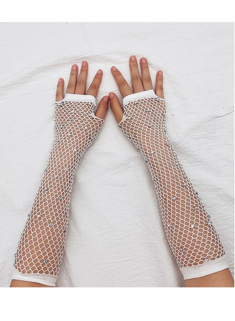 Women Girls Rhinestone Fingerless Fishnet Gloves,Fish Net Arm Sleeve for 80s Party（White）  - Image 3
