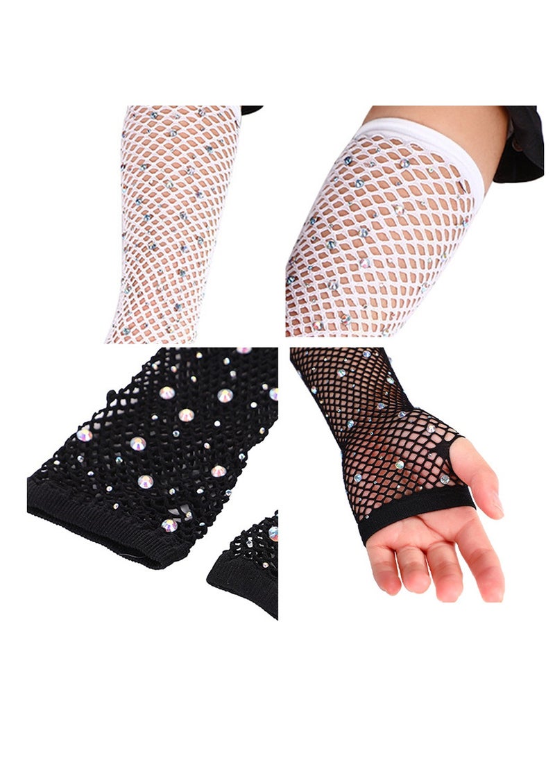 Women Girls Rhinestone Fingerless Fishnet Gloves,Fish Net Arm Sleeve for 80s Party（White）  - Image 4