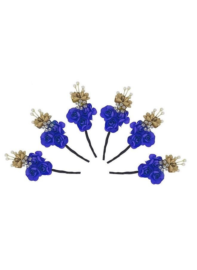 Inaaya Juda Bun Decoration Rose Flower Hair Pins For Girls And Women (Blue) (Set Of 6 Pcs)  - Image 1