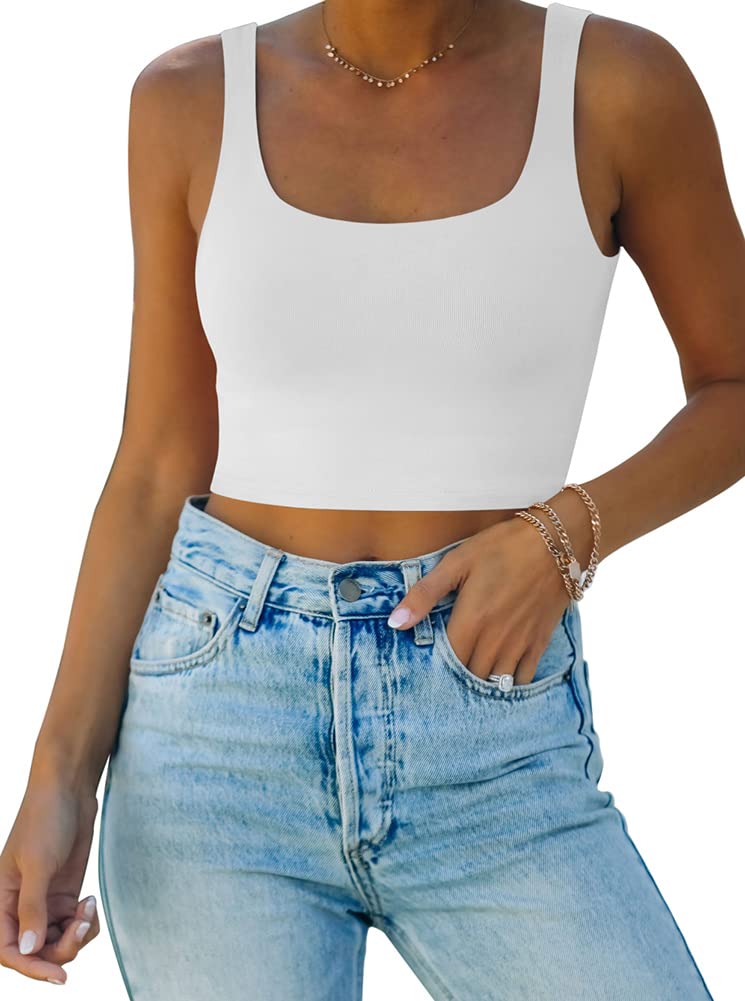 REORIA Women's Summer Sexy Basic Sleeveless Square Neck Fitted Seamless Yoga Cropped Tank Cute Crop Tops White Medium - Image 1
