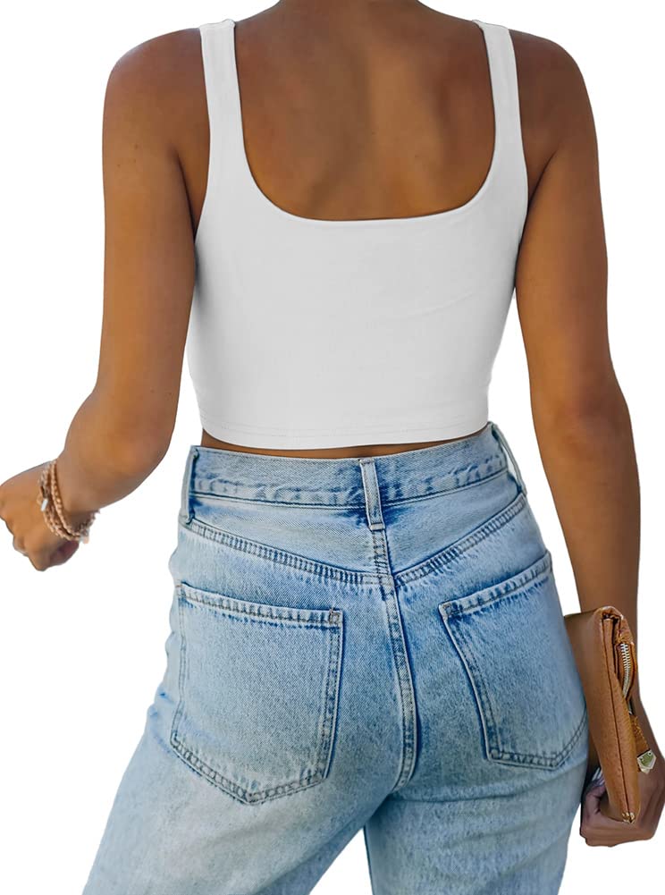 REORIA Women's Summer Sexy Basic Sleeveless Square Neck Fitted Seamless Yoga Cropped Tank Cute Crop Tops White Medium - Image 2